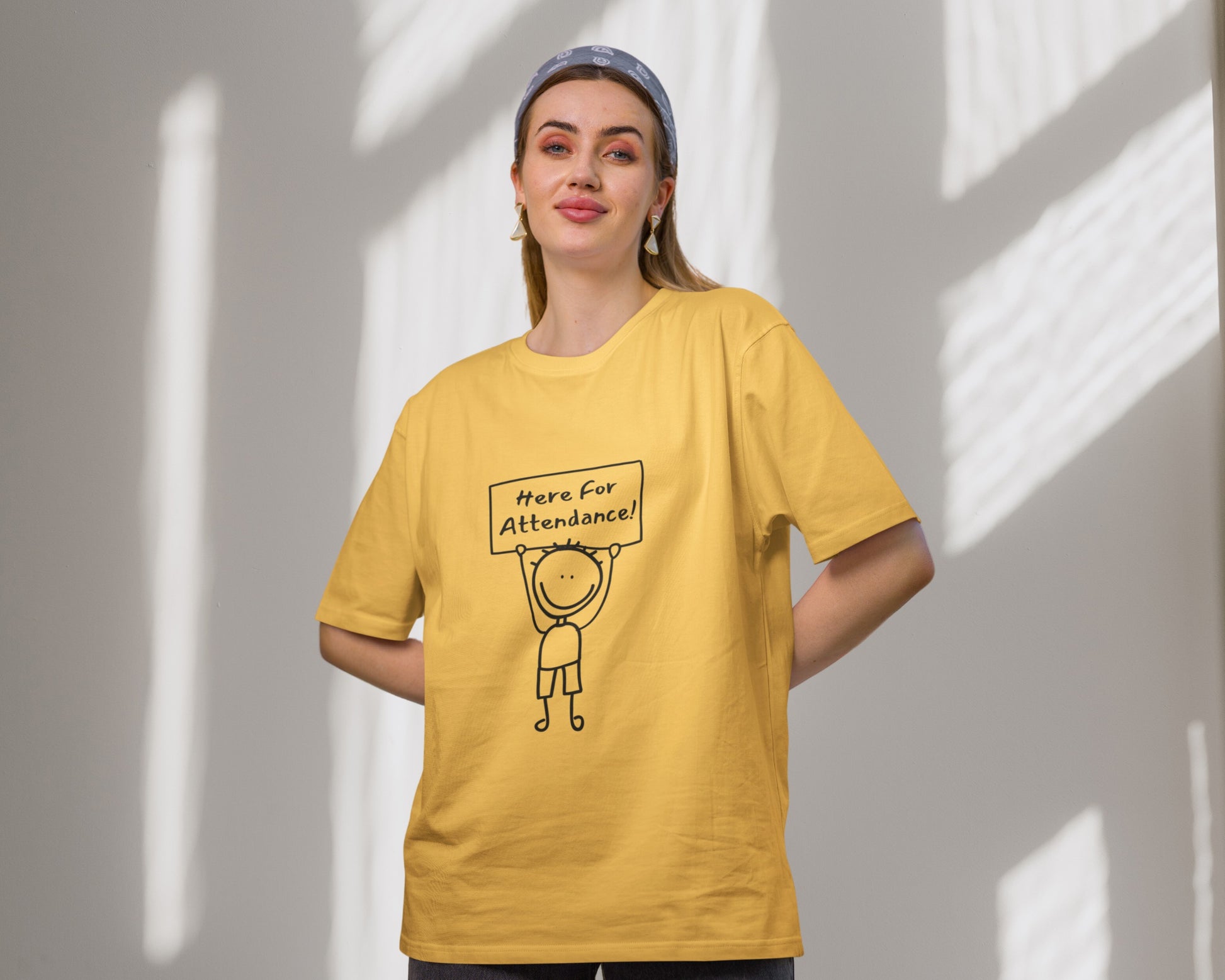 Here for Attendance College Oversized T-shirt, Golden Yellow Color