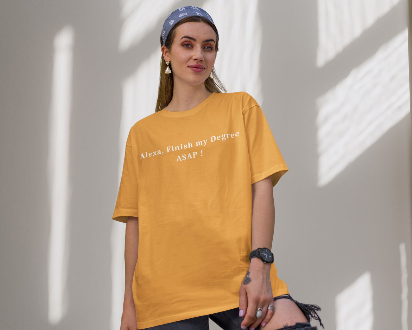 Alexa Finish My Degree College Oversized T-shirt,  Golden yellow color