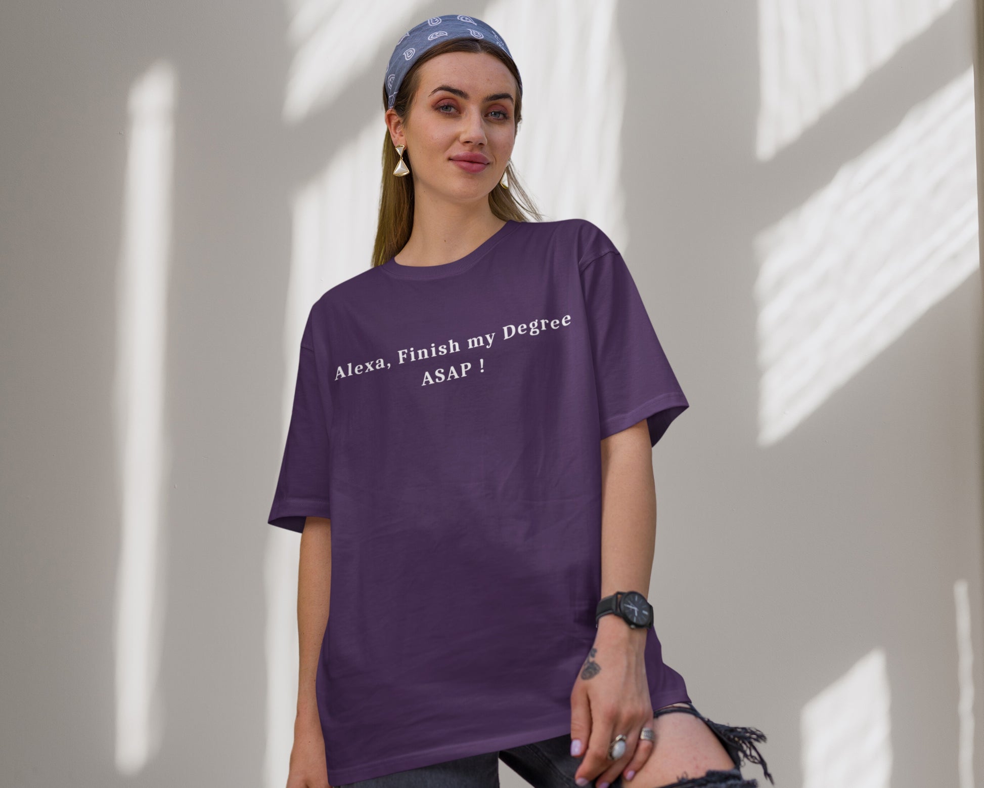 Alexa Finish My Degree College Oversized T-shirt, Purple color