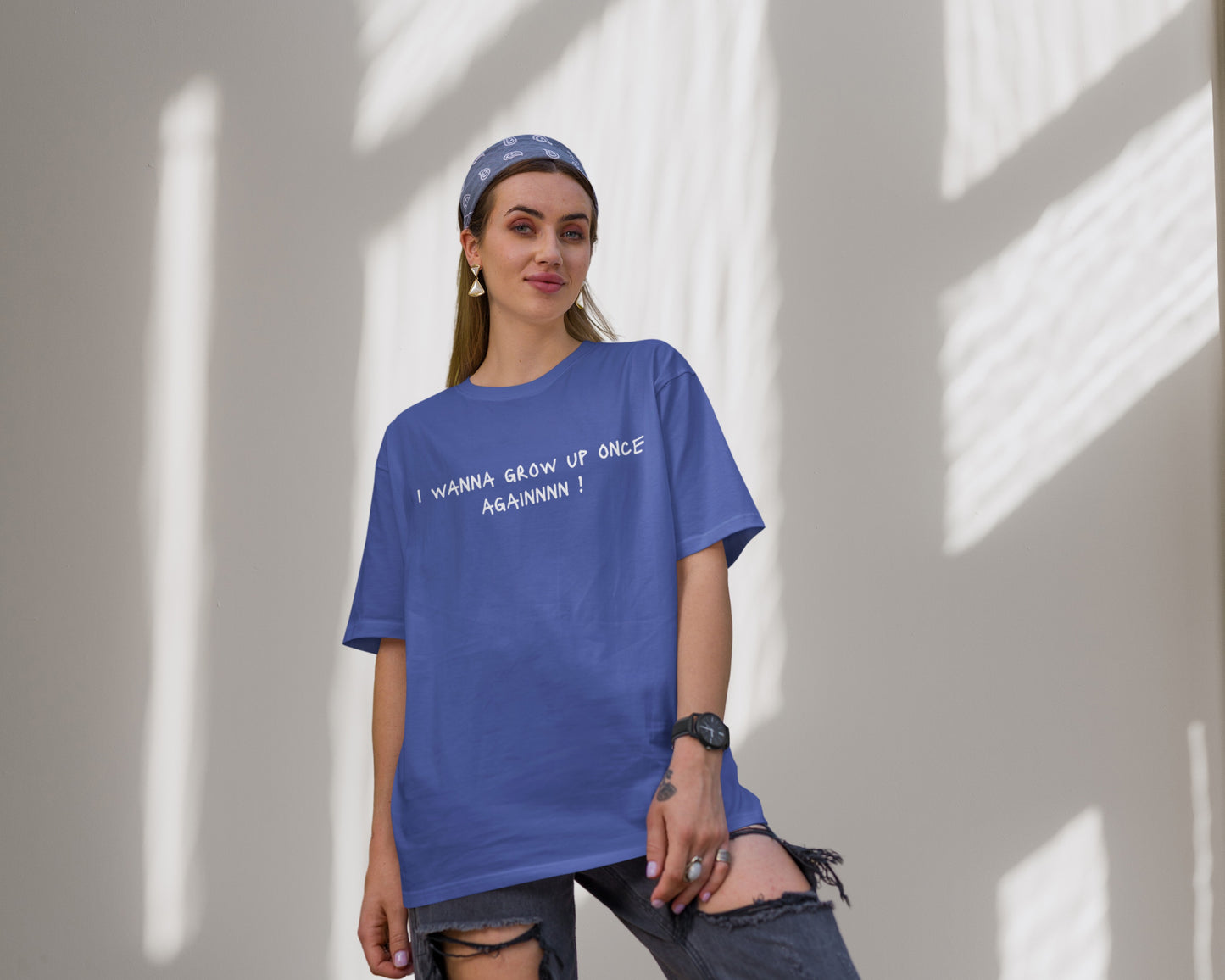 Wanna Grow Up Once Again College Oversized T-shirt, Royal Blue color