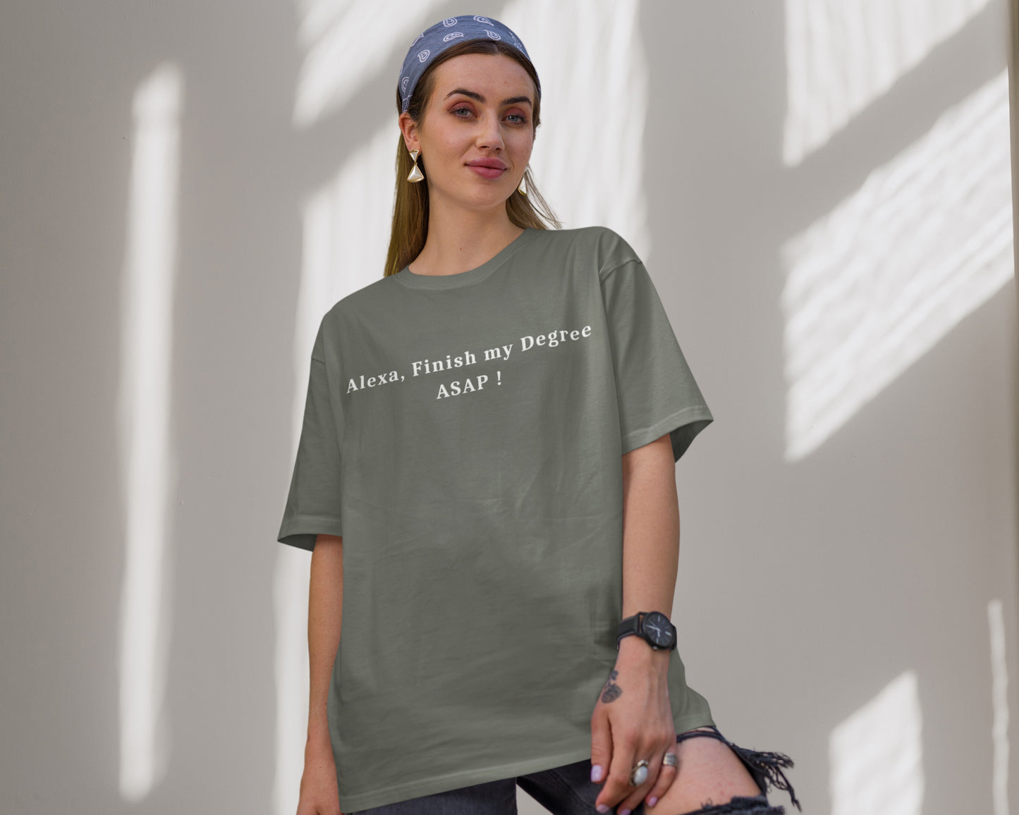 Alexa Finish My Degree College Oversized T-shirt, olive green color