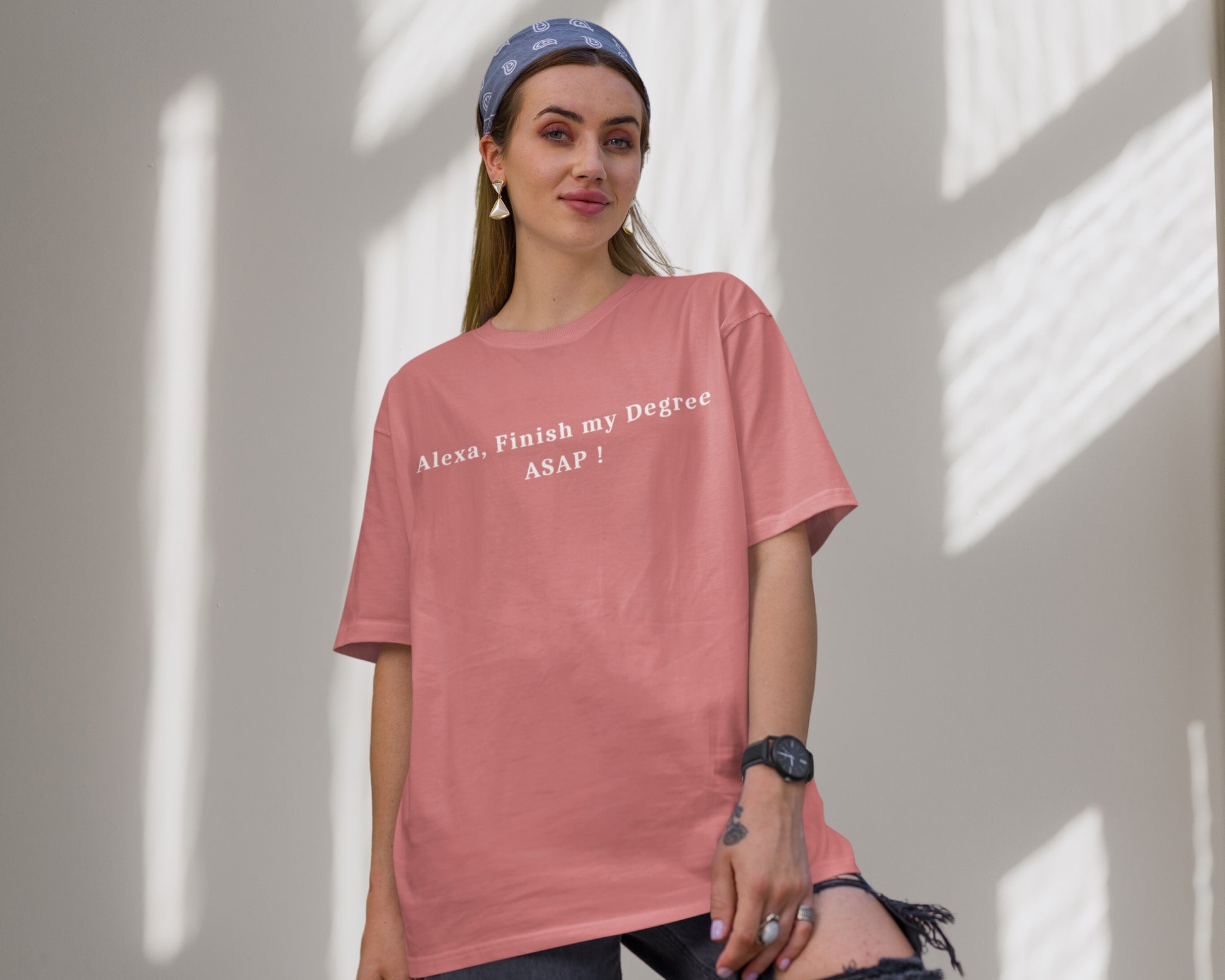 Alexa Finish My Degree College Oversized T-shirt, coral color