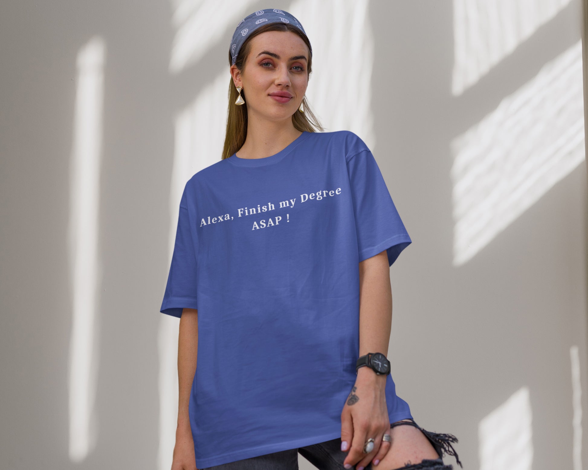 Alexa Finish My Degree College Oversized T-shirt, Royal blue color