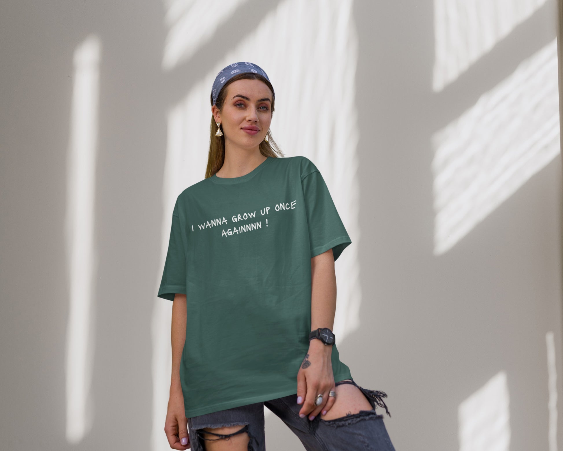 Wanna Grow Up Once Again College Oversized T-shirt, Bottle Green Color