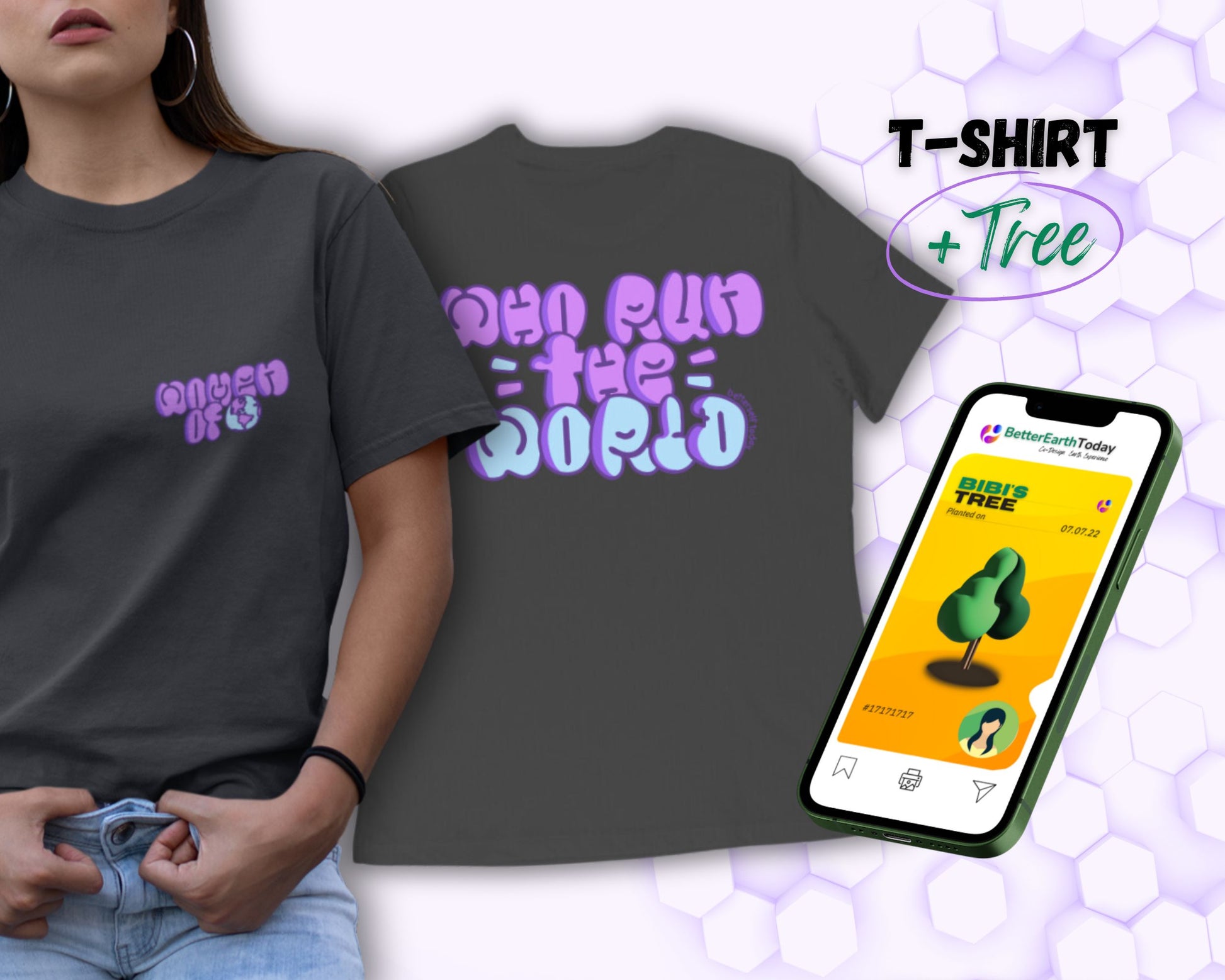 Back and front view of printed women t-shirt cover image with TreeCard.  Design inspired by "Run the world by Beyoncé "