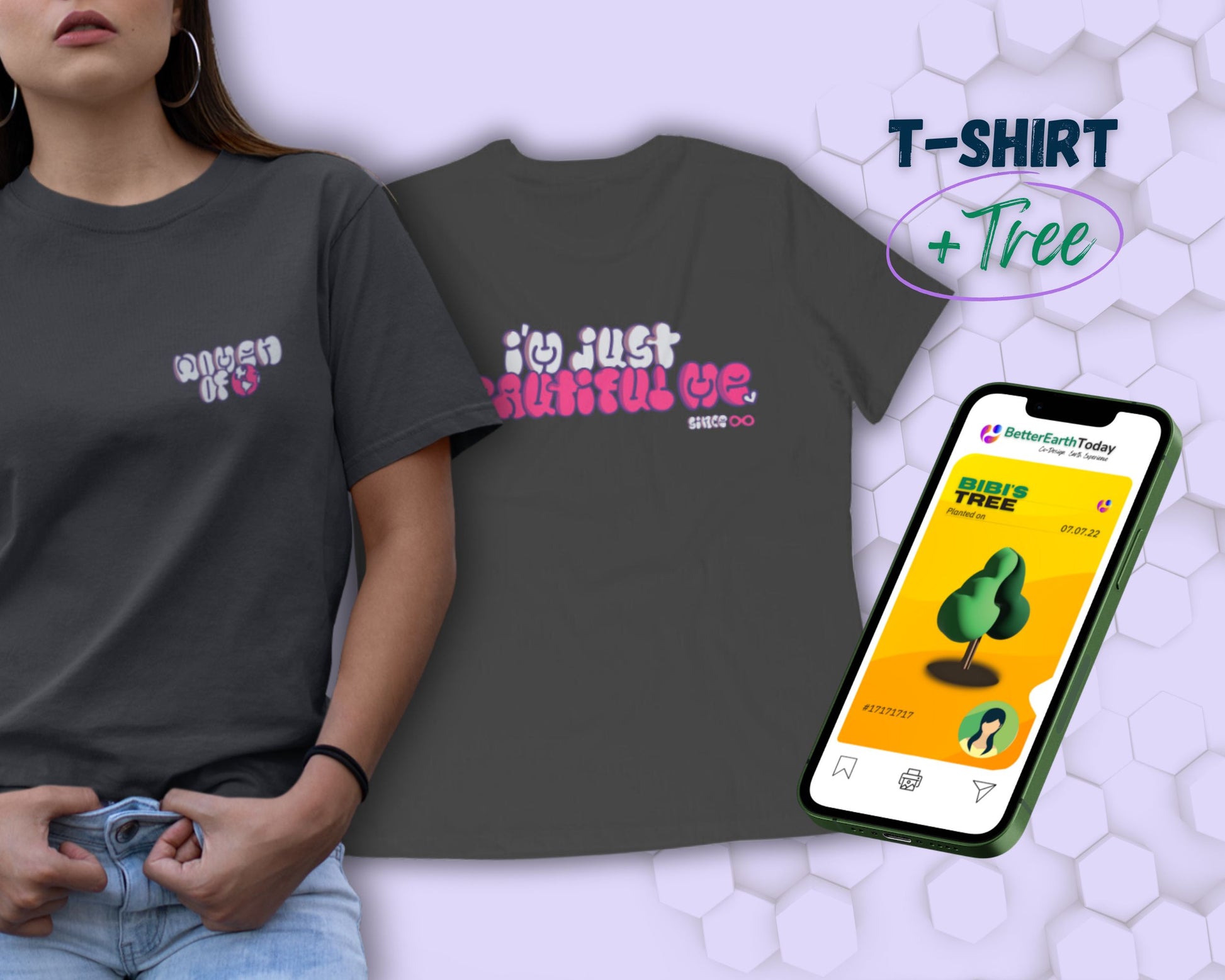 Back and front view of printed women t-shirt cover image with TreeCard.  Design inspired by "Selena Gomez's I'm just beautiful me"