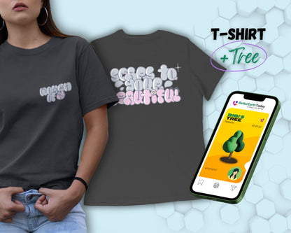 Back and front view of printed women t-shirt cover image with TreeCard.  Design inspired by "Scars to your beautiful by Alessia Cara"