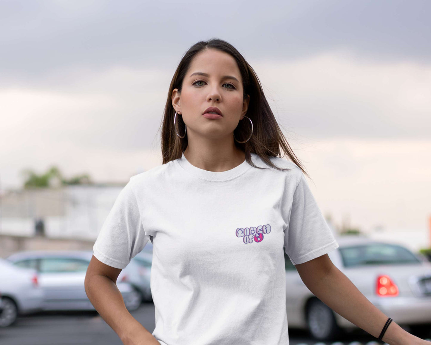 Front image of model wearing white t-shirt dress for women.