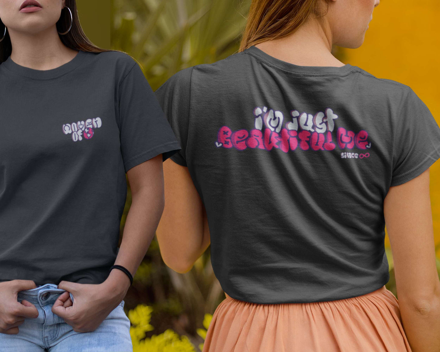 Model showcasing front and back of women t-shirt design.