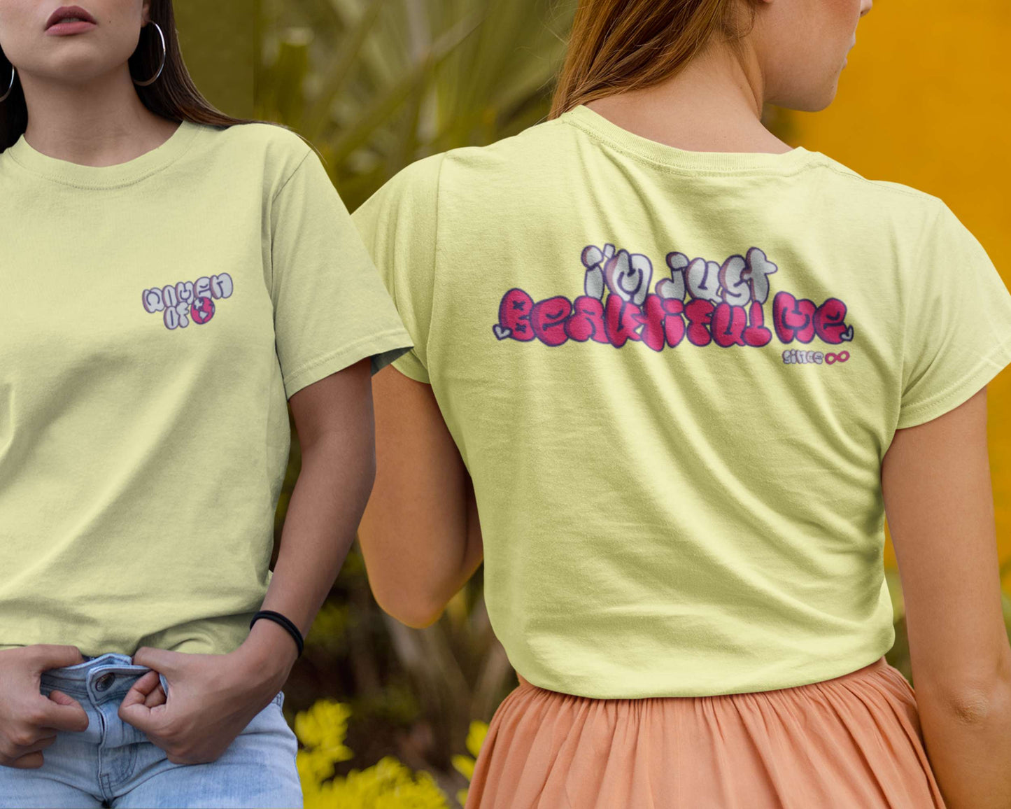 Model showcasing front and back of women t-shirt design.