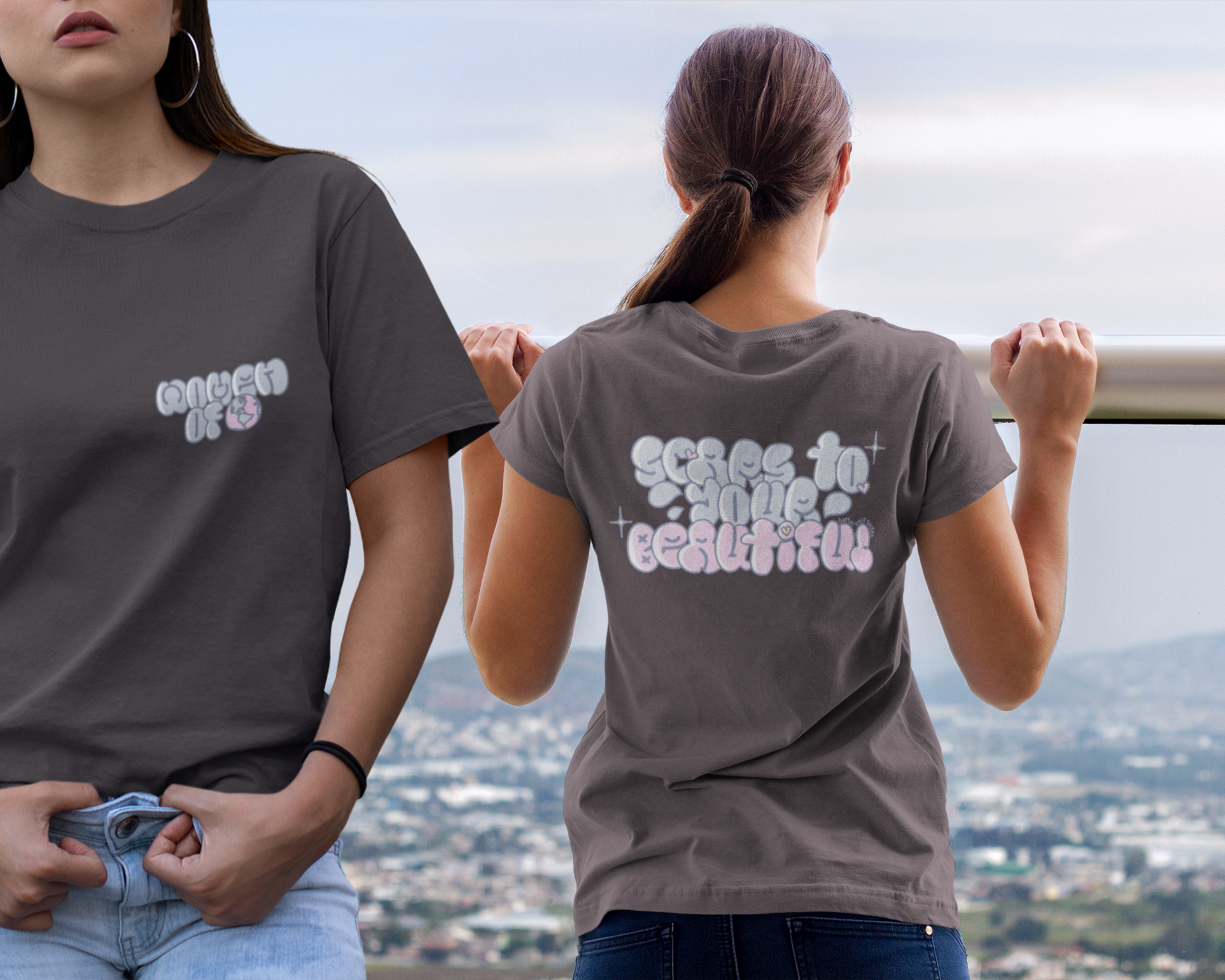 Model showcasing front and back of women t-shirt design.