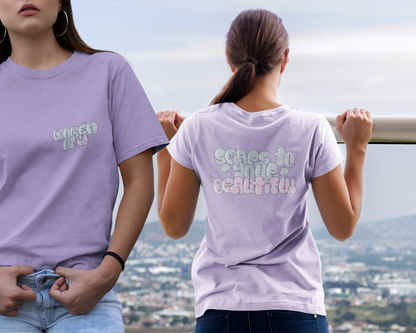 Model showcasing front and back of women t-shirt design.