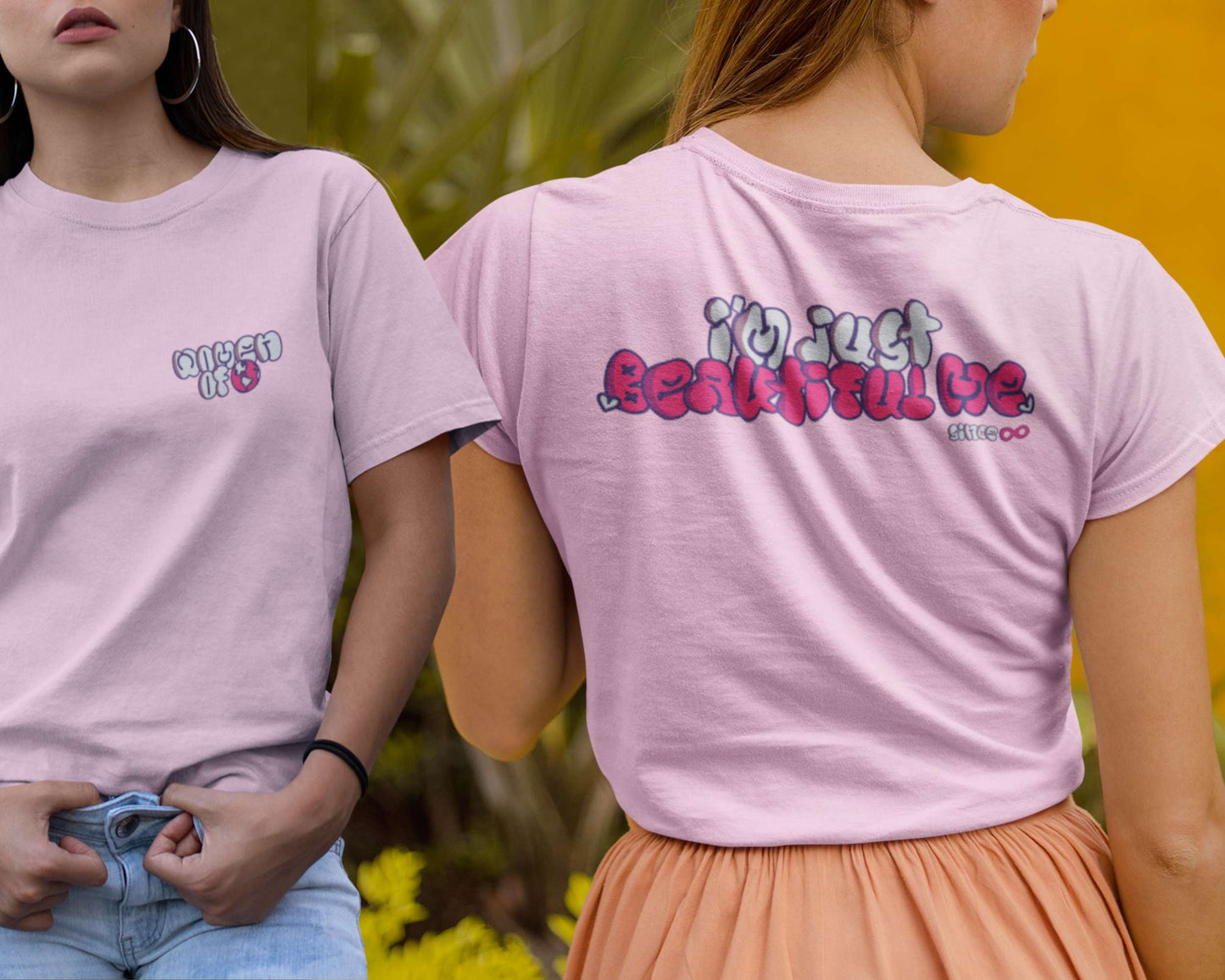 Model showcasing front and back of women t-shirt design.