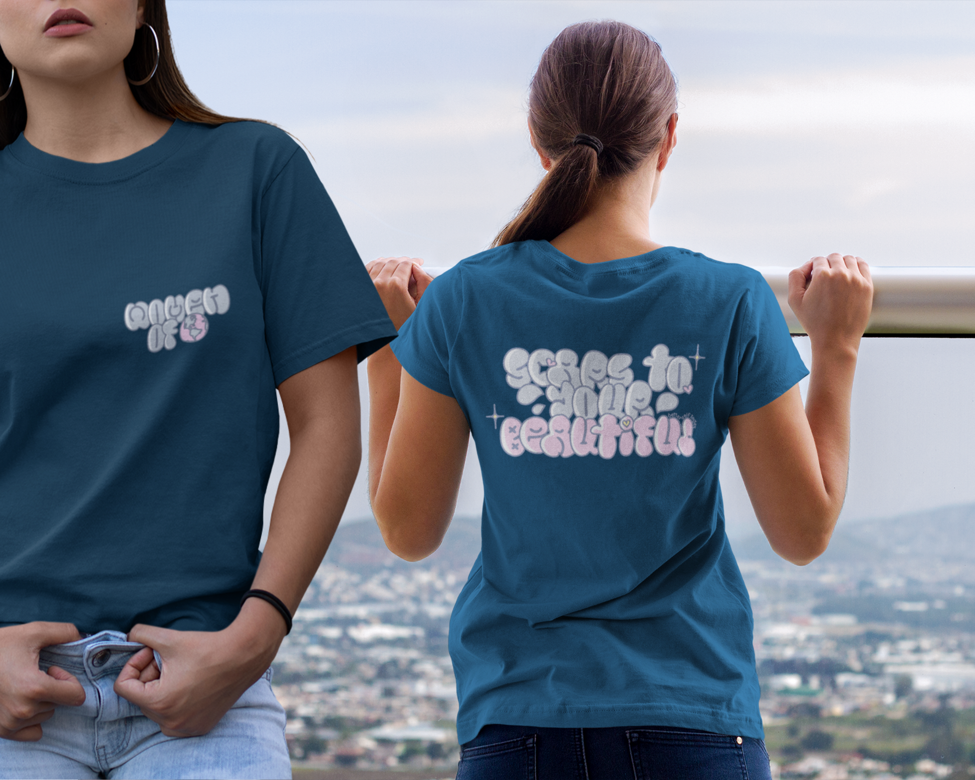 Model showcasing front and back of women t-shirt design.