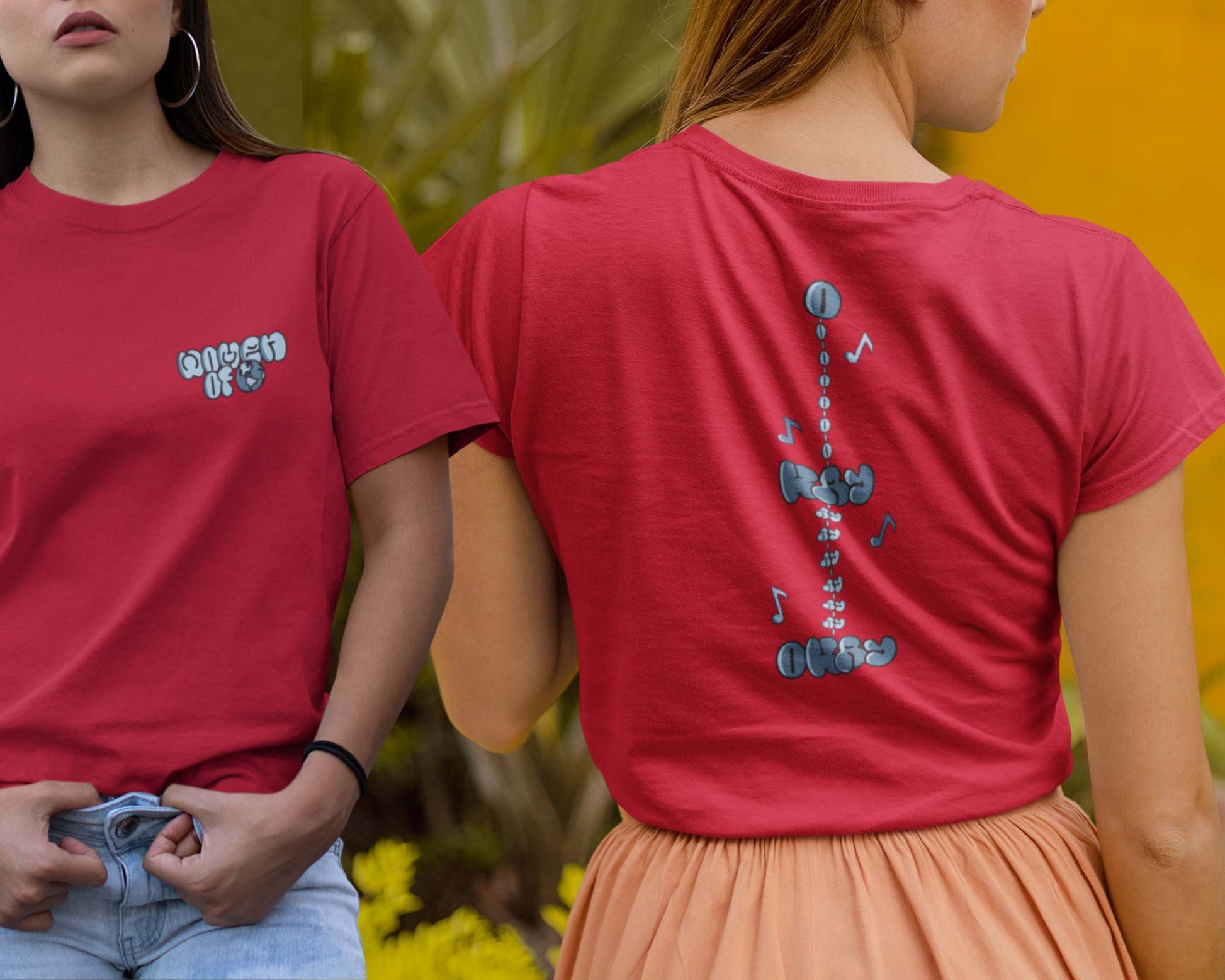 Model showcasing front and back of women t-shirt design.