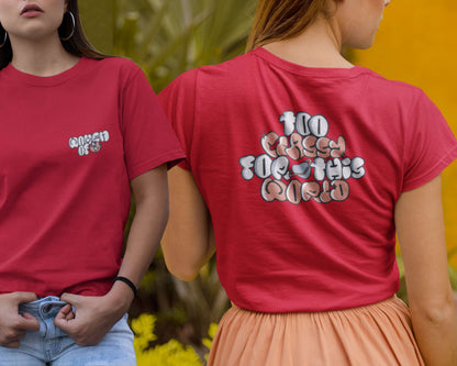 Model showcasing front and back of women t-shirt design.