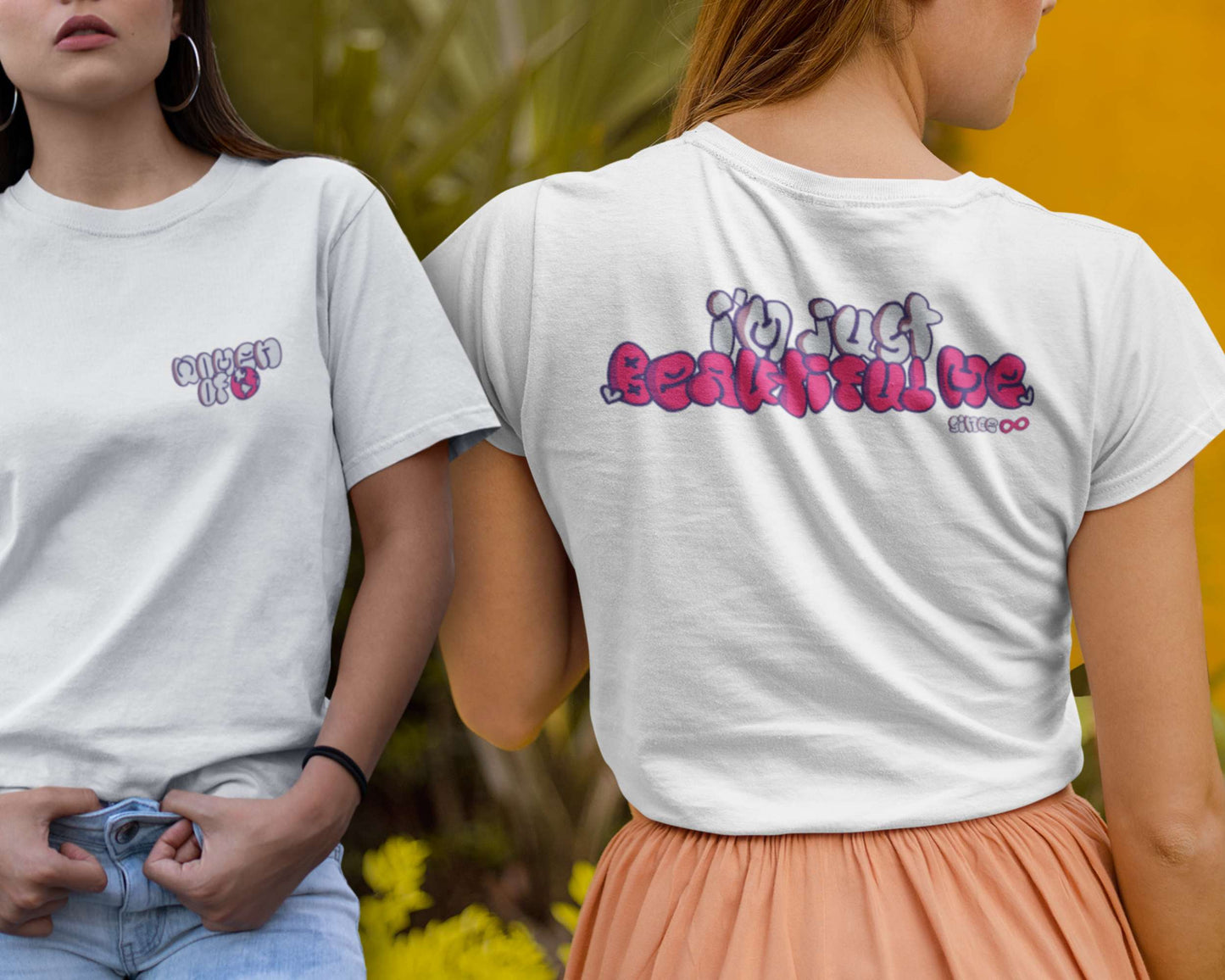 Model showcasing front and back of women t-shirt design.