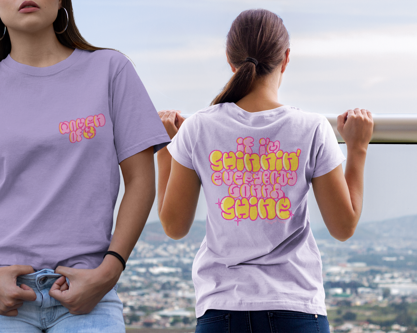 Model showcasing front and back of women t-shirt design.