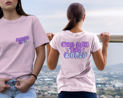 Model showcasing front and back of women t-shirt design.