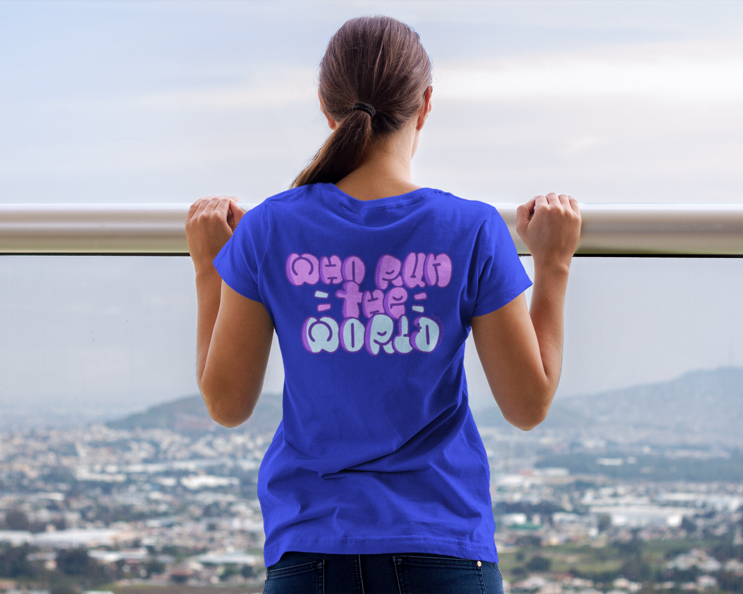 Back image of model wearing Royal Blue t-shirt dress for women.