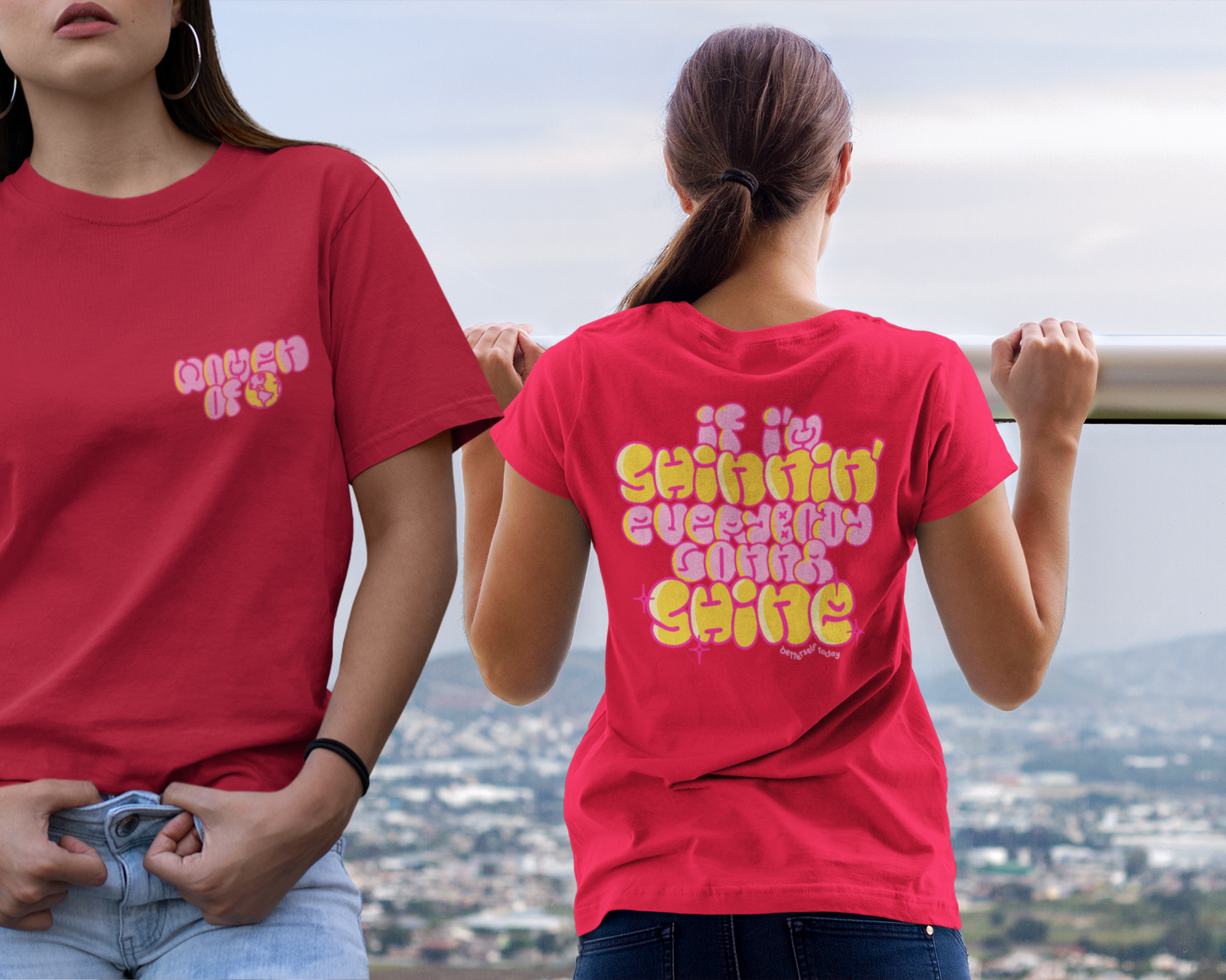 Model showcasing front and back of women t-shirt design.