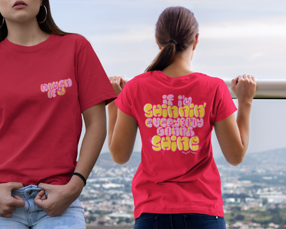 Model showcasing front and back of women t-shirt design.