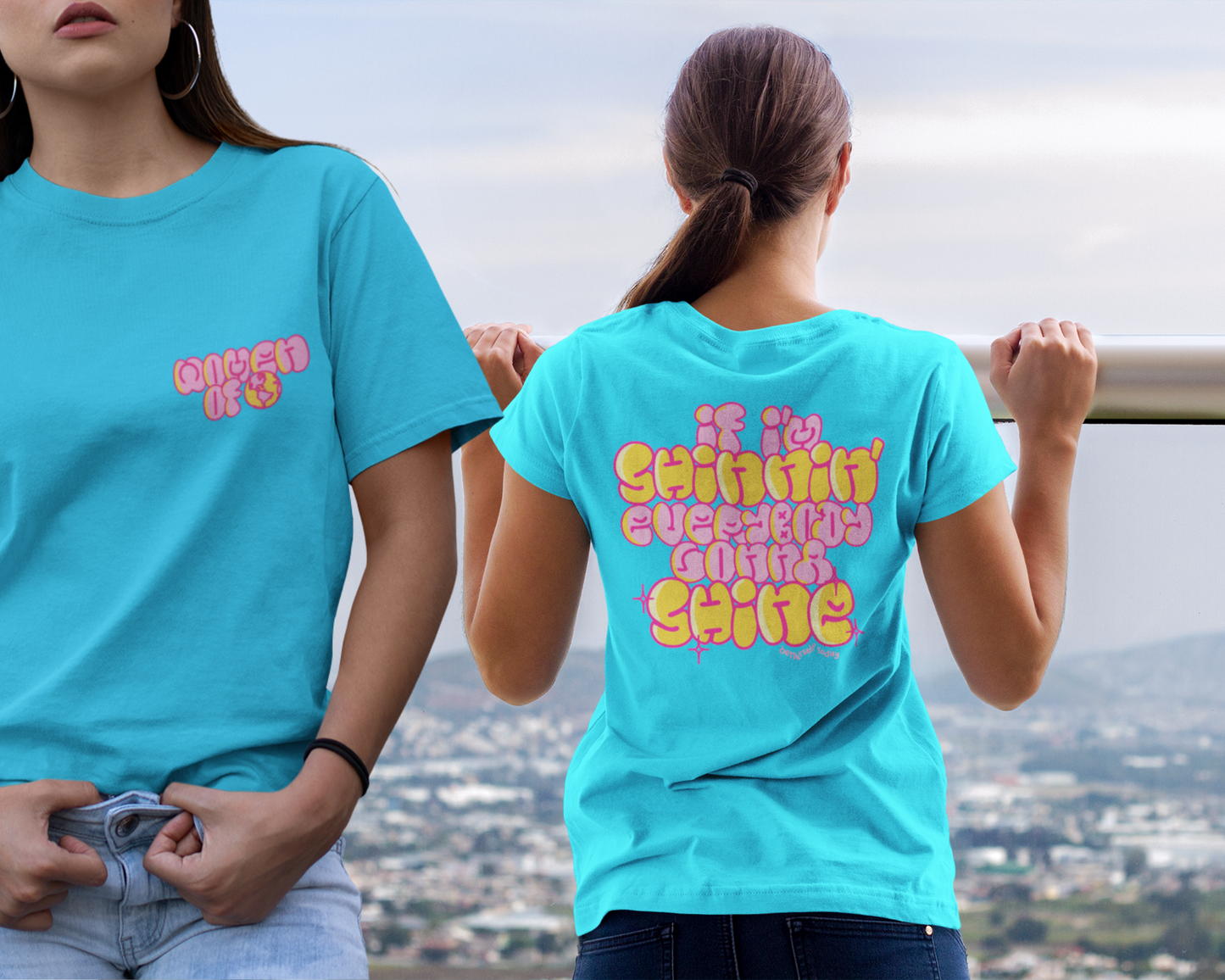 Model showcasing front and back of women t-shirt design.