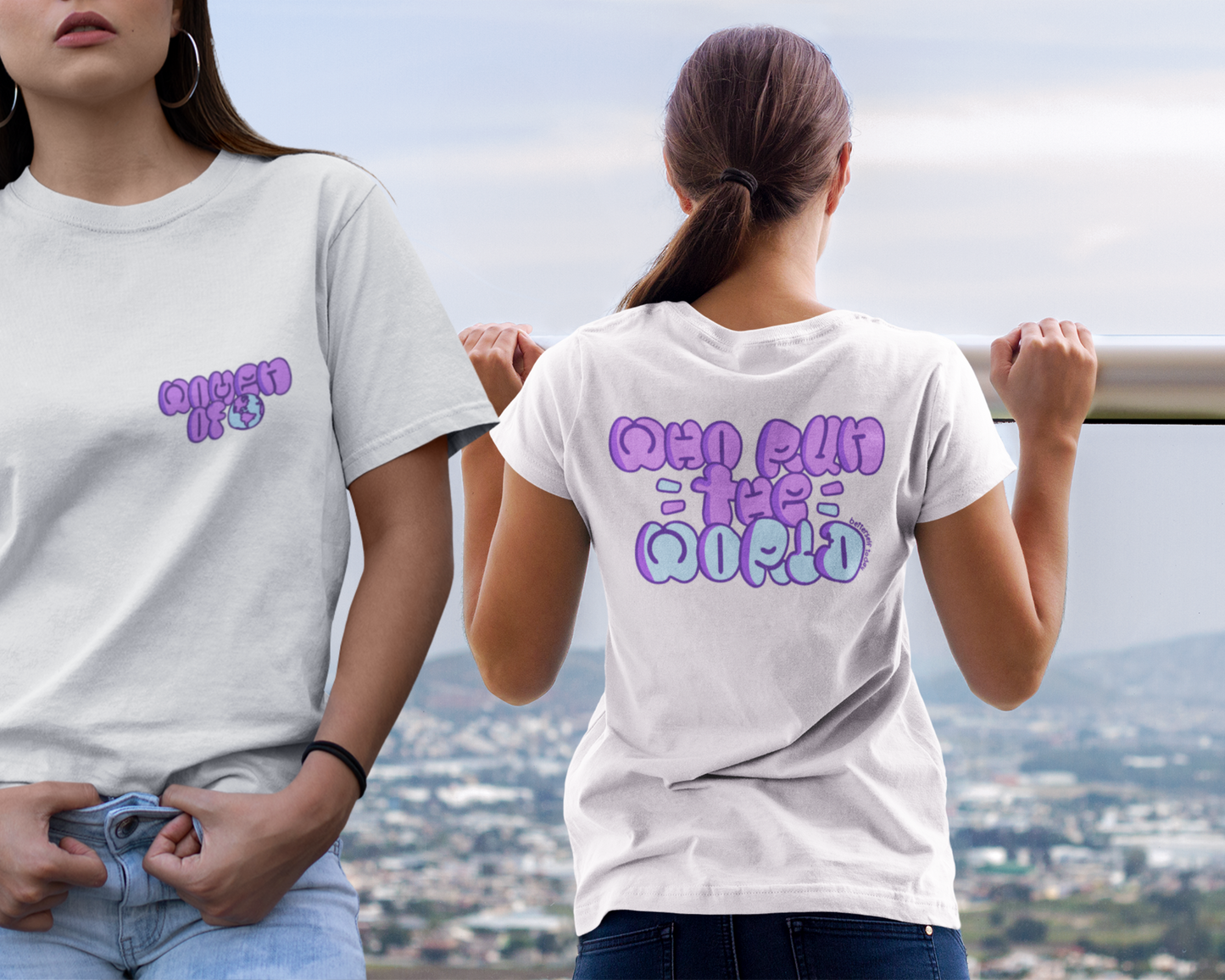 Model showcasing front and back of women t-shirt design.