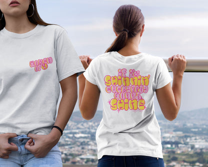 Model showcasing front and back of women t-shirt design.